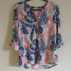 Emily Daniels Sz Large Floral Linen Blend Roll Up Sleeves